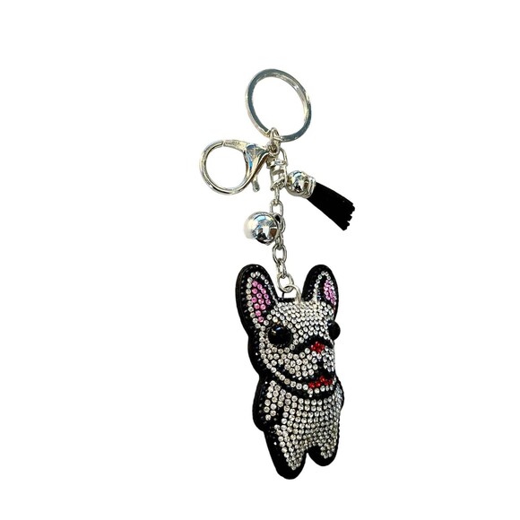 Sparkling Cartoon French Bulldog Badge Charm Keychain with Rhinestones and Tasse - Picture 3 of 5